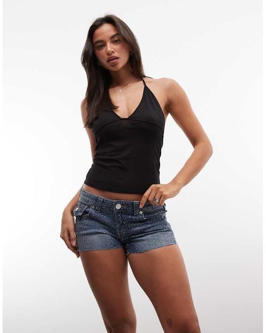 True Religion Blue All Over Crystal Joey Low Rise Flap Pocket Denim Cut Off Shorts