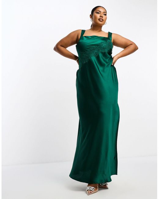 Asos design curve - exclusivité - robe longue en satin avec appliqué en dentelle - forêt ASOS en coloris Green