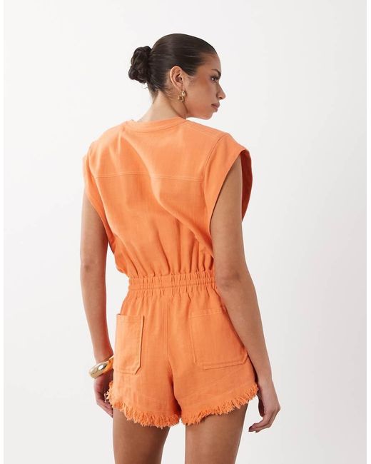 Noughts & Kisses Orange Cotton Rich Frayed Shorts Detail Sleeveless Playsuit