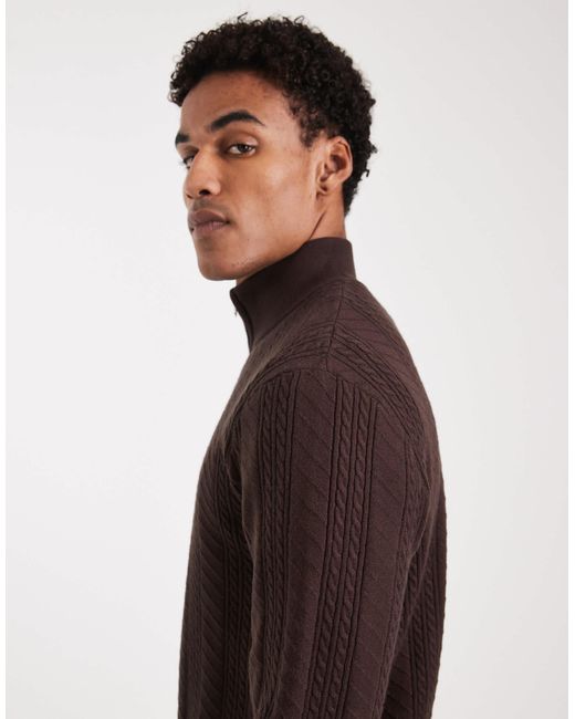 Threadbare Brown Cable Knit Quarter Zip Jumper for men
