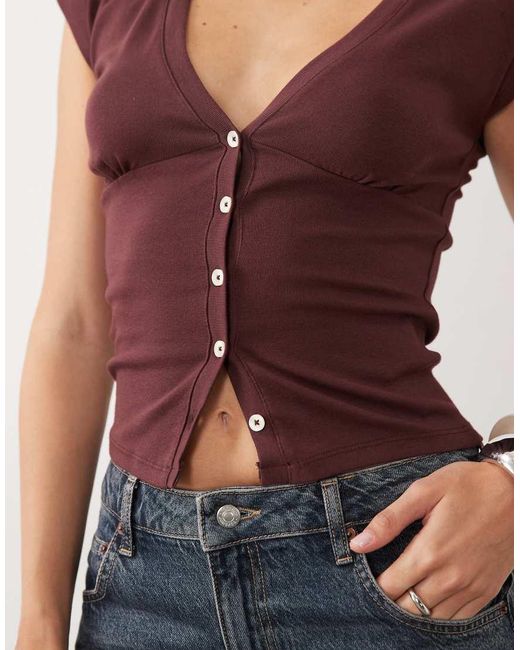Gina Tricot Red Deep V Neck Button Through Sleeveless Top