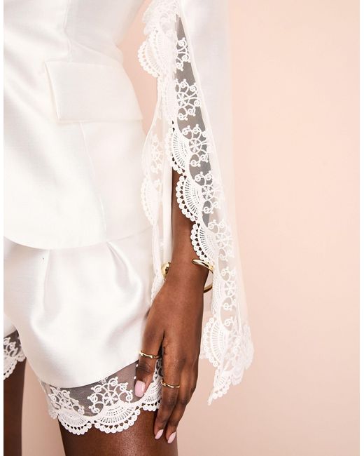 ASOS Natural Satin Split Sleeve Blazer With Lace Detail