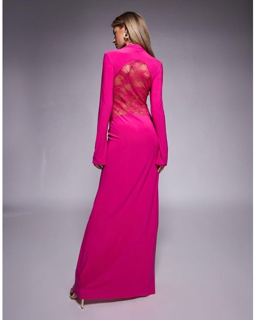 ASOS Pink Long Sleeve High Neck Maxi Dress With Seamed Lace Panels
