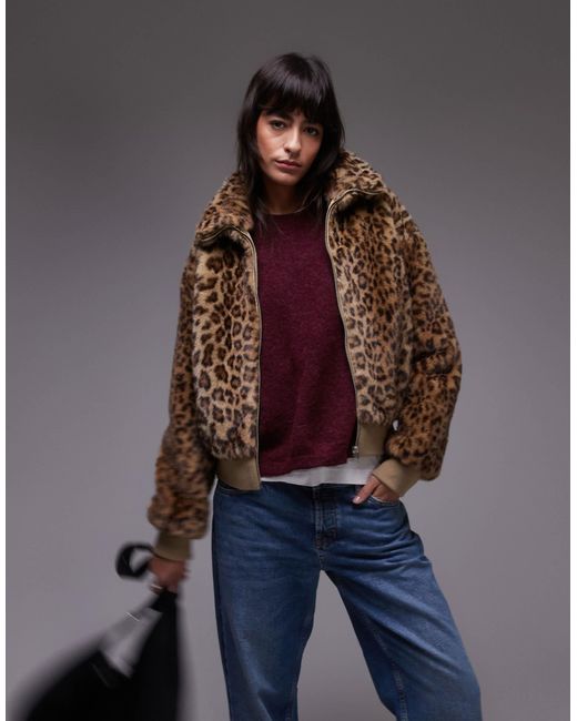 Mango Brown Zip Up Leopard Print Fur Jacket