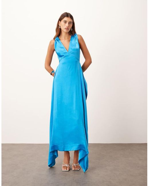 ARRANGE Blue Satin Square Cut Maxi Dress With Twist Shoulder