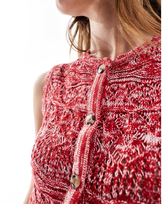 Threadbare Red Crochet Knit Button Down Vest