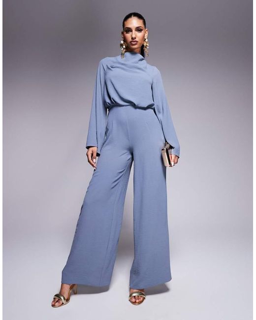 ASOS Blue Cowl Neck Long Sleeve Jumpsuit With Open Back
