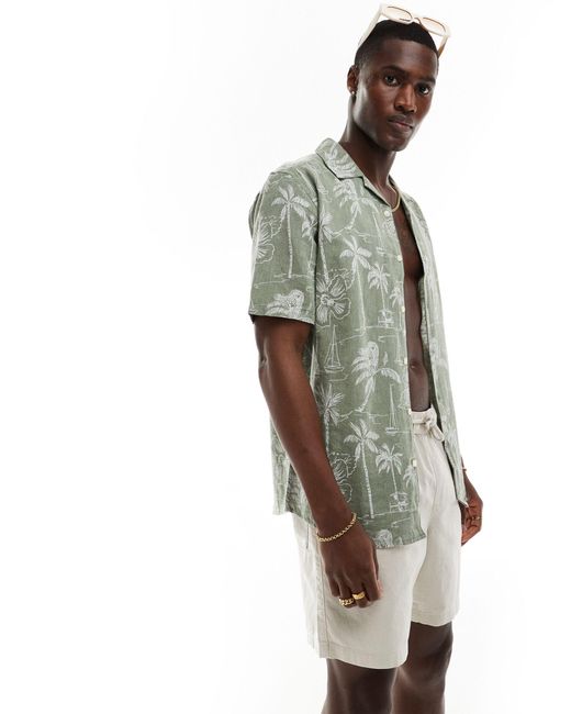 Only & Sons Green Revere Collar Linen Mix Shirt for men
