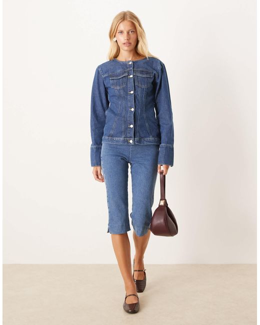 ASOS Blue Longline Collarless Denim Jacket With Cinched Waist