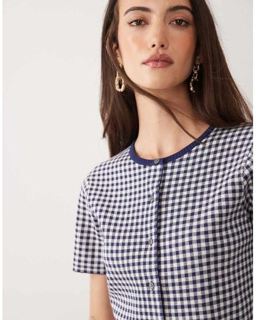 GOOD AMERICAN Blue Fine Knit Round Neck Short Sleeve Button Through Top Co-ord