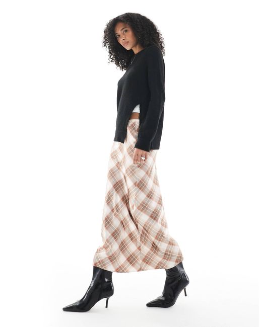 New Look Natural Check Satin Bias Midi Skirt