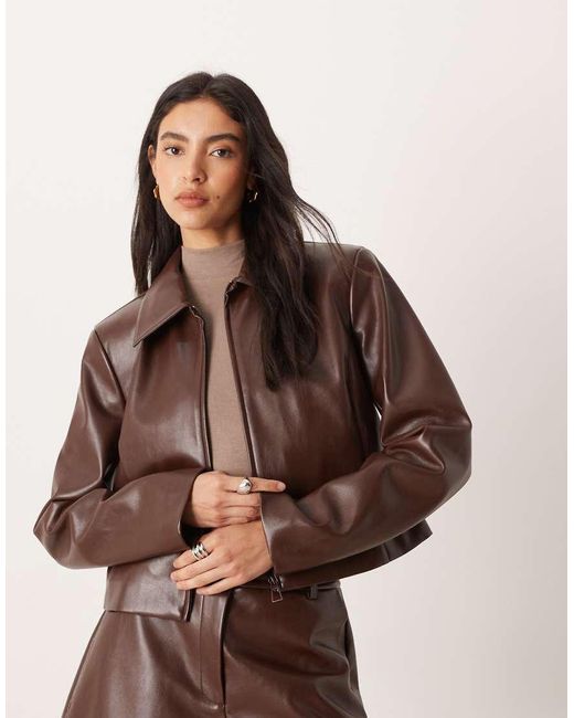ASOS Brown Tailored Faux Leather Zip Front Cropped Blazer Co-Ord