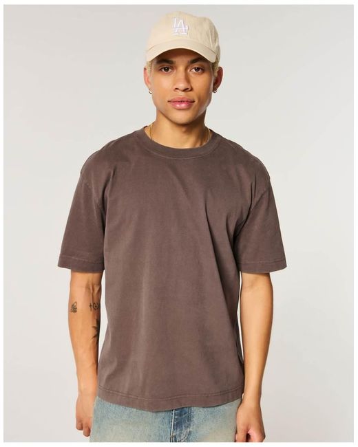 Hollister Brown Boxy Heavyweight Washed Crew T-Shirt for men