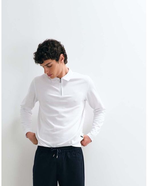 Jack & Jones White Long Sleeve Zip Polo Top for men