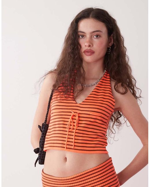 Collusion Red Knitted Festival Stripe Halter Top Co-ord