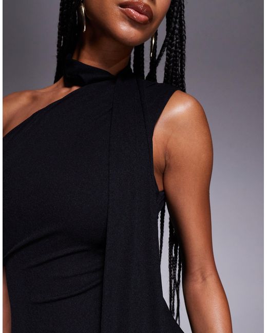 Kaiia Blue Exclusive One Shoulder Mesh Scarf Detail Sheer Maxi Dress