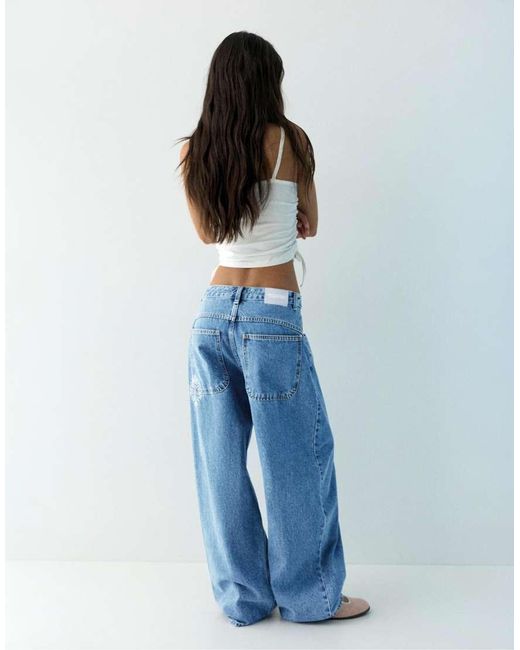 Pull&Bear Blue Balloon Fit Jeans With Embroidered Text