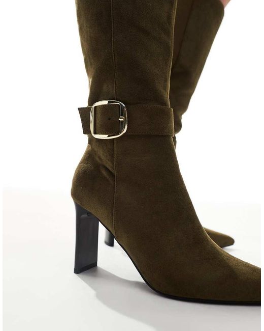 London Rebel Black Leah Kitten Heel Knee Boots With Buckle Detail