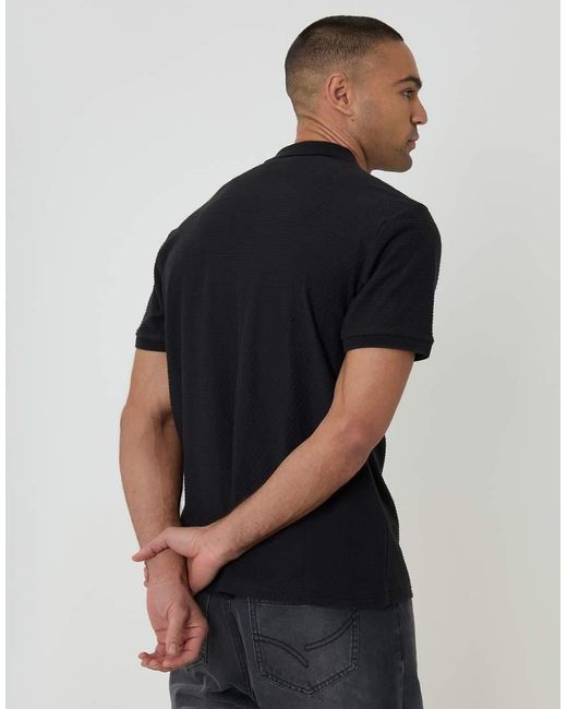Threadbare Black Textured Cotton Quarter Zip Polo Shirt for men