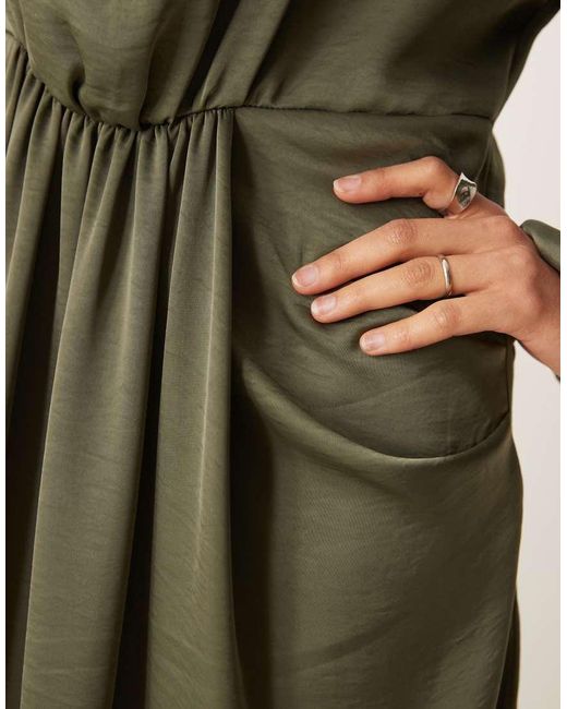 ASOS Green Draped Blouson Sleeve Satin Maxi Dress