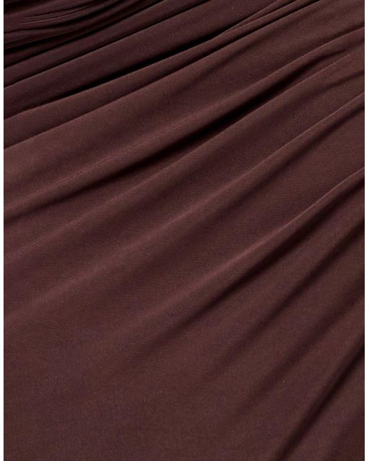 Goddiva Brown Gathered Cowl Asymmetric Mesh And Soft Touch Maxi Dress