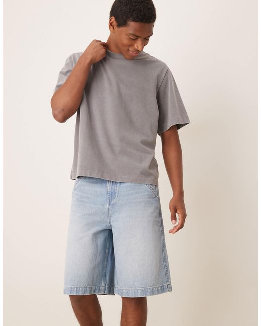 ASOS Gray Denim Jorts With Self Tie And Embroidered Back Pockets for men
