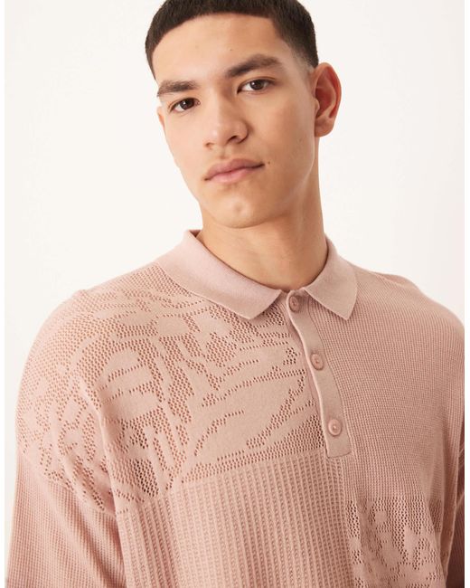 ASOS Blue Relaxed Boxy Fit Knitted Polo With Floral Patchwork Pattern for men