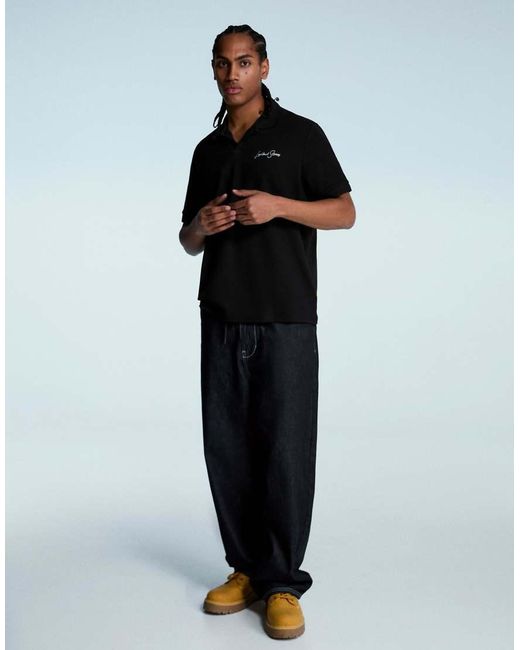 Bershka Black Embroidered Structured Short Sleeve Polo Shirt for men