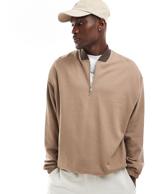 ASOS Brown Oversized Half Zip Sweatshirt With Contrast Collar for men