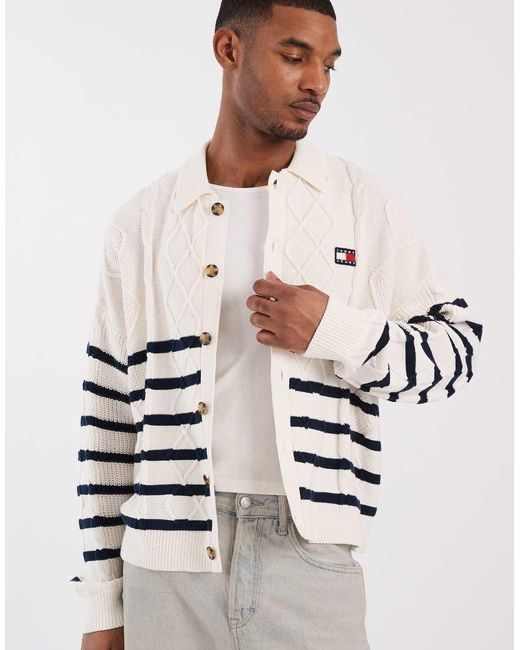 Tommy Hilfiger White Cable Knit Relaxed Fit Cardigan for men