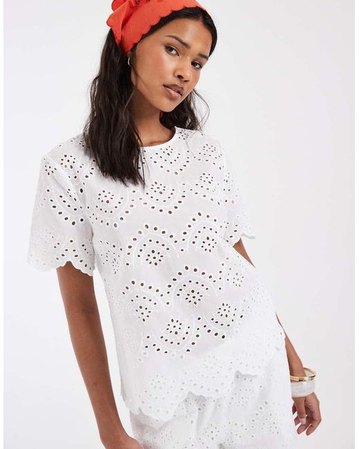 Pieces White Short Sleeve Broderie Top Co-ord