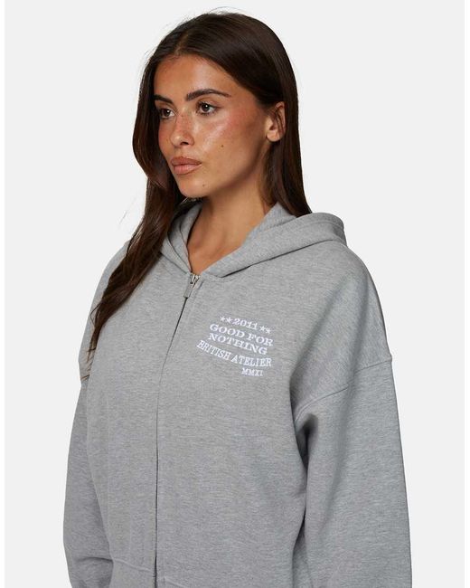 Good For Nothing Gray Baggy Zip Hoodie With Embroidered Logo