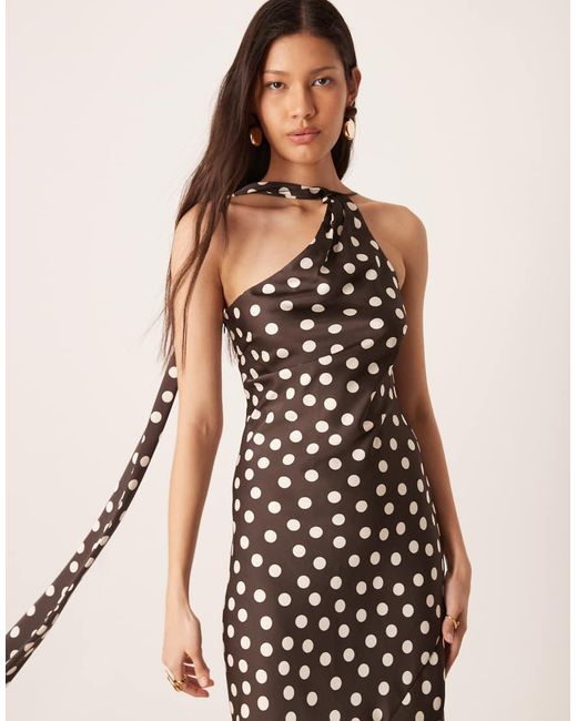 Pretty Lavish Natural Satin One Shoulder Scarf Neck Polka Dot Midaxi Dress