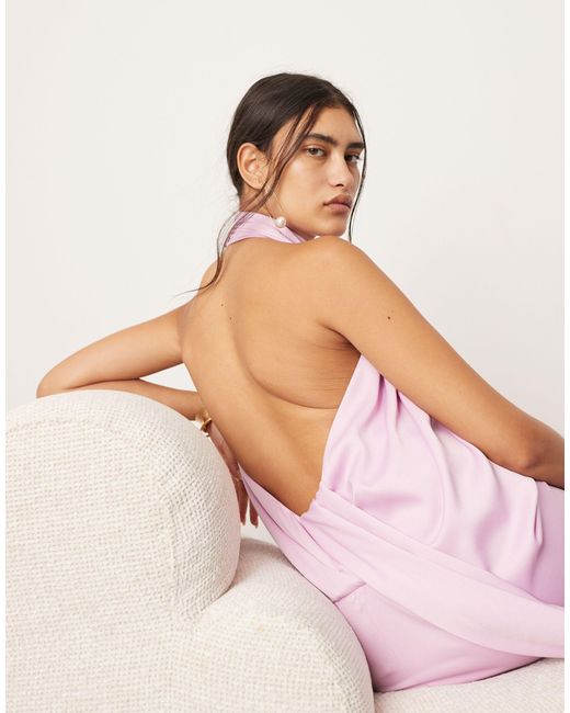 ASOS Pink Halterneck Midi Dress With Drape Detail