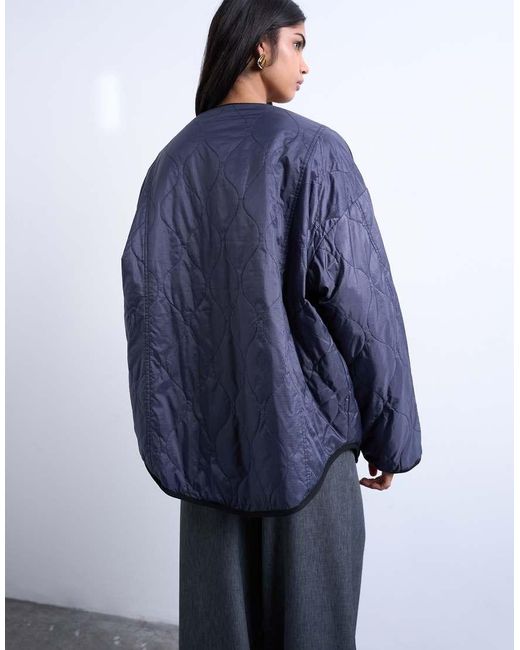 TOPSHOP Blue Two-tone Collarless Fleece Liner Jacket