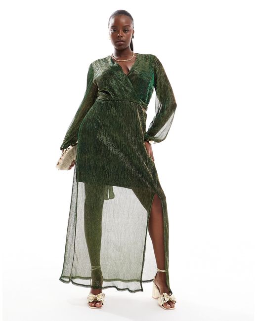 Tfnc Plus Green Pleated Shimmer Maxi Dress
