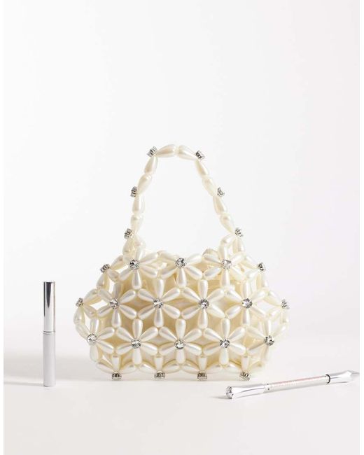 River Island Natural Flower Pearl Beaded Grab Bag