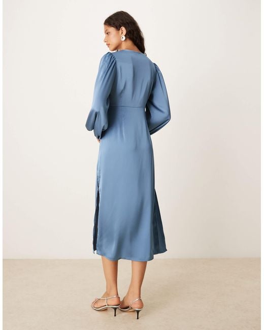 Vila Blue Long Sleeve Twist Front Satin Midi Dress