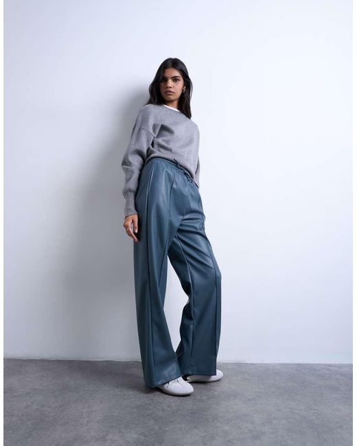 TOPSHOP Blue Faux Leather Wide Leg Sweatpants With Pinseam Detail