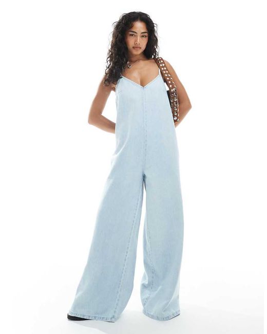 ASOS Blue Soft Denim Scoop Neck Wide Leg Jumpsuit