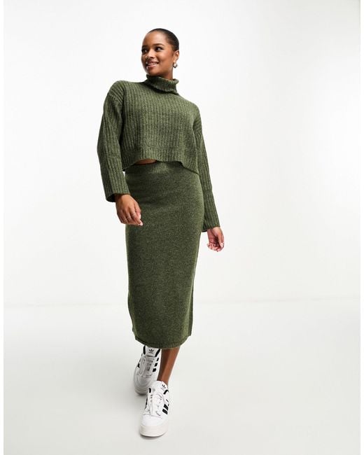 ASOS Green Asos Design Petite Co-ord Knitted Chunky Rib Midi Skirt