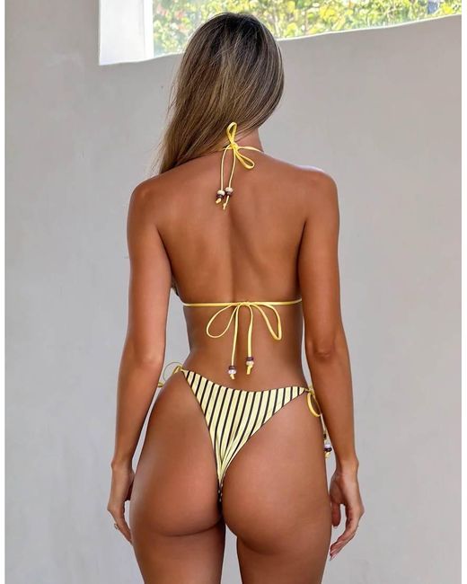 Tiger Mist Brown Finlea Reversible Contrast Tie Bead Detail Bikini Top