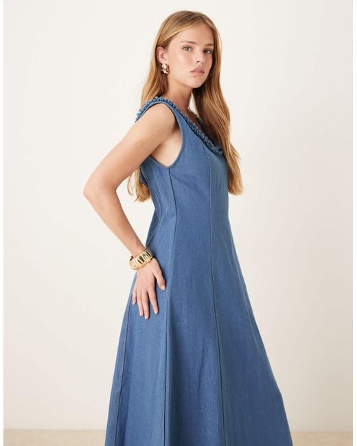 Ghospell Denim Ruffle Midaxi Dress in Blue | Lyst Ghospell Denim Ruffle Midaxi Dress in Blue | Lyst