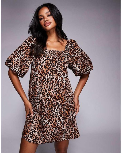 Vestito Corto Leopardato Con Maniche A Sbuffo di River Island in Brown