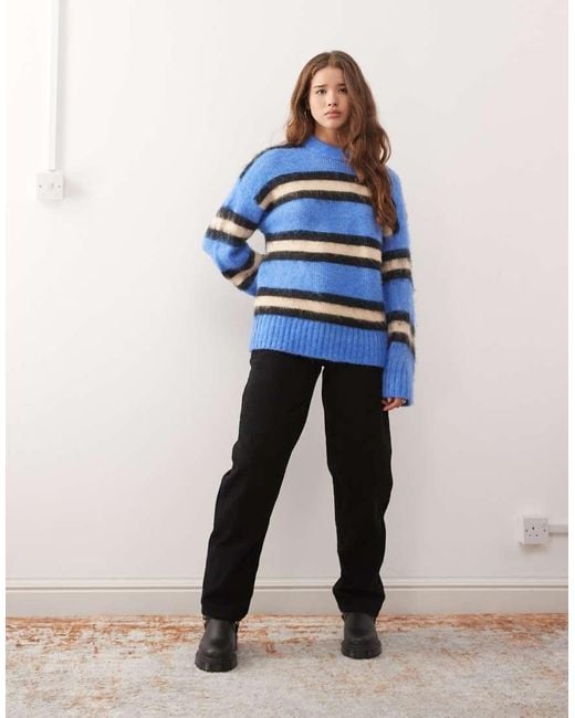 Monki Blue Oversized Fluffy Stripe Jumper