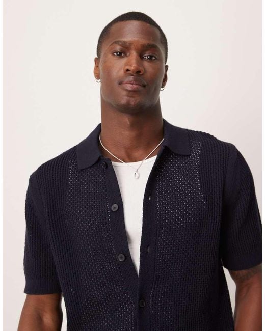 Mango Blue Relaxed Cotton Crochet Short Sleeve Shirt for men
