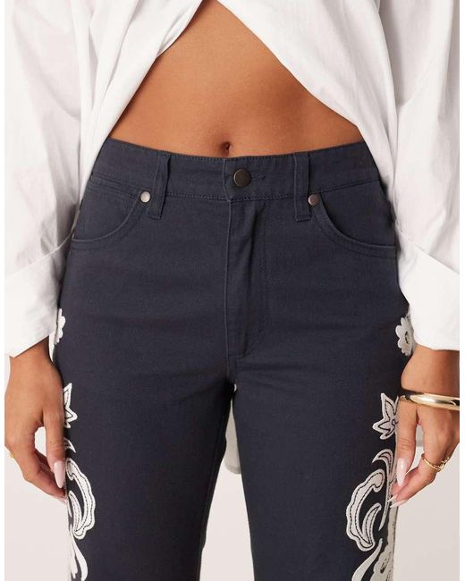 Wrangler White 70s Flare Jeans With Floral Embriodery