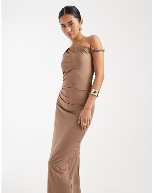 4th & Reckless White Slinky Ruched Side One Shoulder Twist Detail Maxi Dress