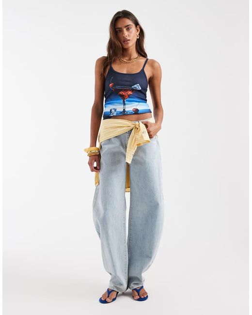 ASOS Blue Cocktail Print Contrast Binding Jersey Cami Top