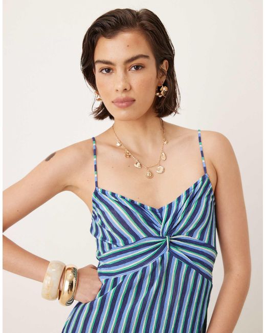 Robe mi-longue à fines bretelles et imprimé à rayures en plusieurs parties Mango en coloris Blue